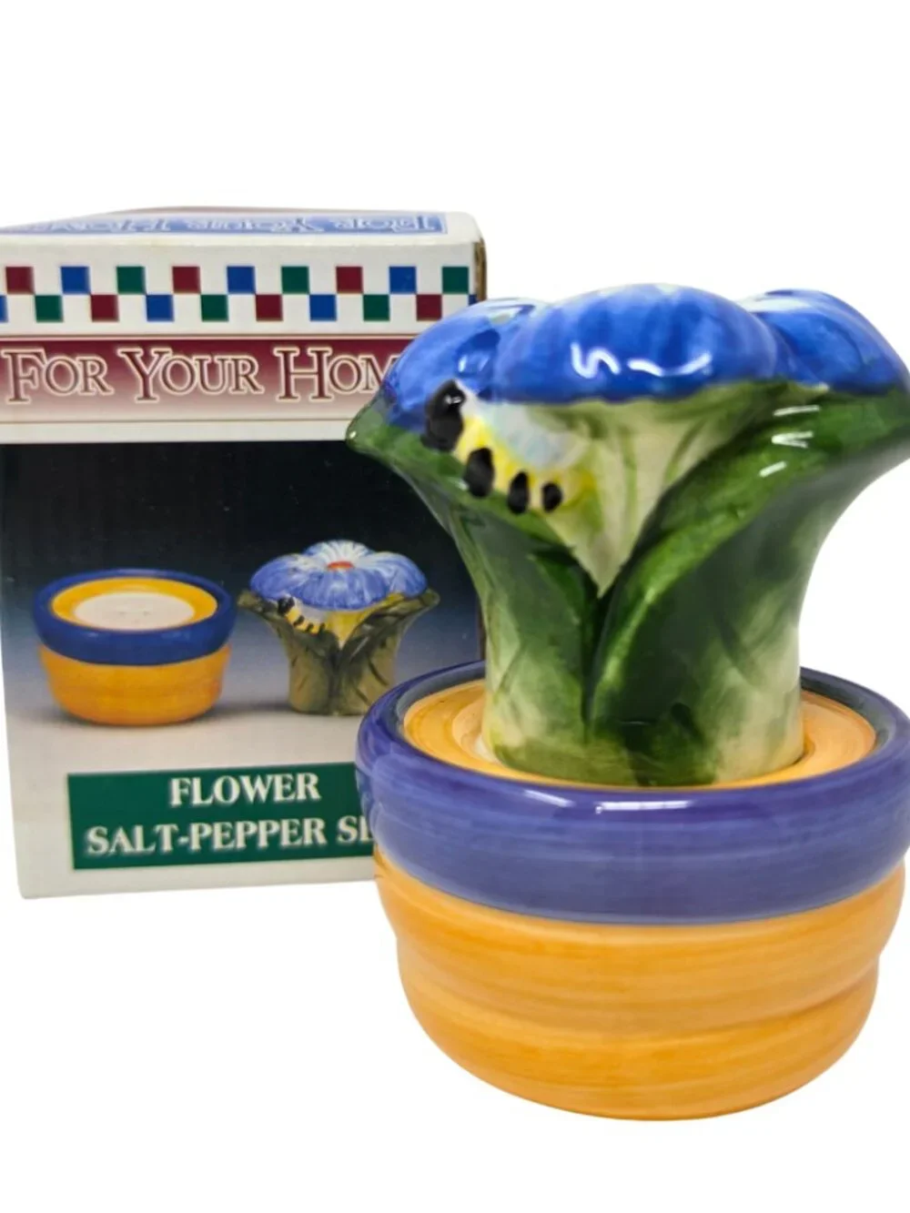 Vtg 90s Blue Flower in Pot Stacking Ceramic Salt and Pepper Shakers Floral Bloom